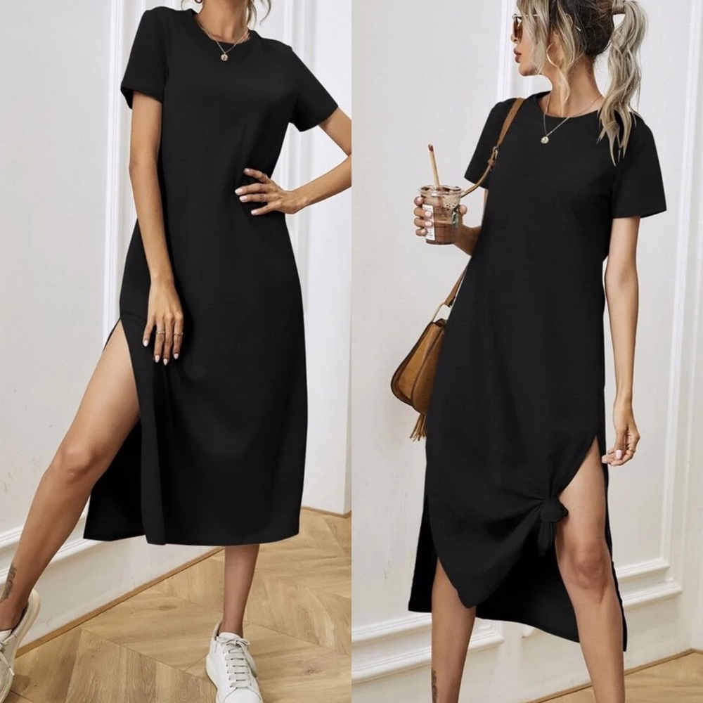 Minimalist midi tee shirt dress slit short sleeve - Picture 5 of 6